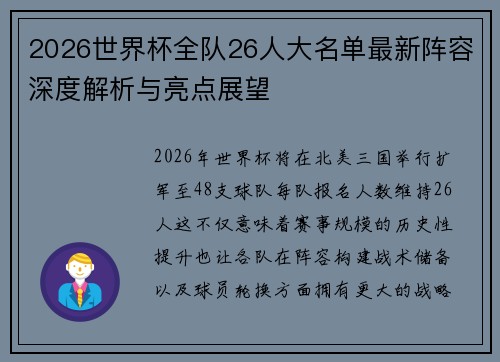 2026世界杯全队26人大名单最新阵容深度解析与亮点展望