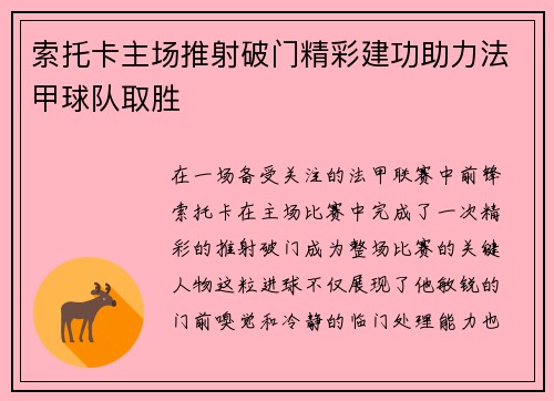 索托卡主场推射破门精彩建功助力法甲球队取胜