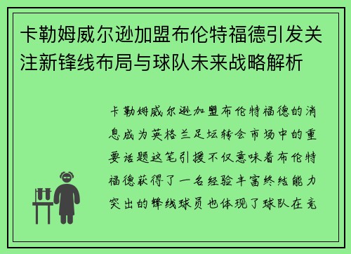 卡勒姆威尔逊加盟布伦特福德引发关注新锋线布局与球队未来战略解析